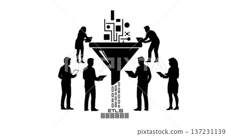 Black Solid Analyst Data Funnel Silhouettes Set of Six on White Background Black Solid Analyst Data Funnel Silhouettes Set of Six on White Background 137231139