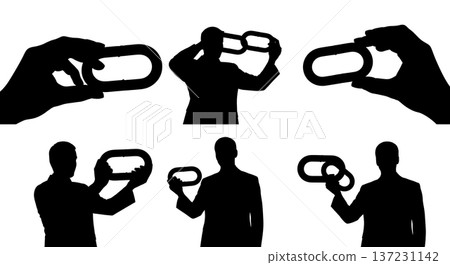 Black Solid Analyst Chain Link Silhouettes Set of Six on White Background Black Solid Analyst Chain Link Silhouettes Set of Six on White Background 137231142