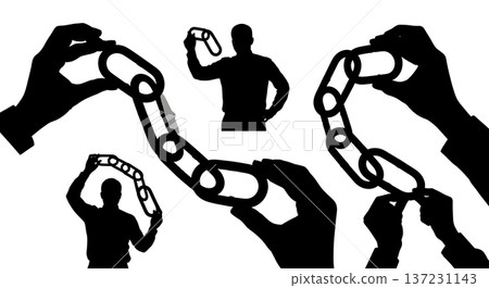 Black Solid Analyst Chain Link Silhouettes Set of Six on White Background Black Solid Analyst Chain Link Silhouettes Set of Six on White Background 137231143