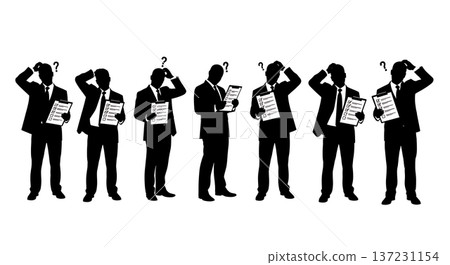 Black Solid Analyst Confused Checklist Silhouettes Set of Six on White Background 137231154