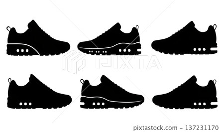 Black Solid Air Bubble Sole Trainer Silhouettes Set of Six on White Background Black Solid Air Bubble Sole Trainer Silhouettes Set of Six on White Background 137231170
