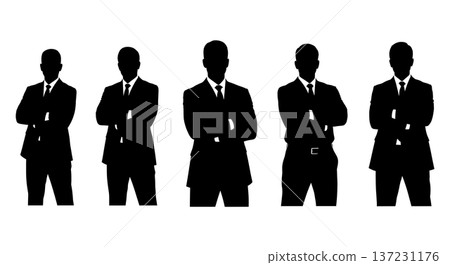 Black Solid Analyst Arms Crossed Silhouettes Set of Six on White Background 137231176