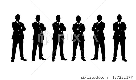 Black Solid Analyst Arms Crossed Silhouettes Set of Six on White Background Black Solid Analyst Arms Crossed Silhouettes Set of Six on White Background 137231177