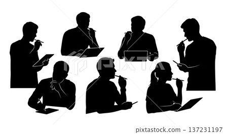 Black Solid Developer Holding Stylus Silhouettes Set of Six on White Background 137231197