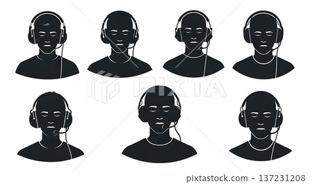 Black Solid Developer Headphones Music Silhouettes Set of Six on White Background 137231208