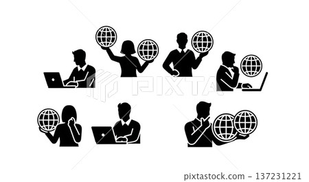 Black Solid Developer Globe Icon Silhouettes Set of Six on White Background 137231221