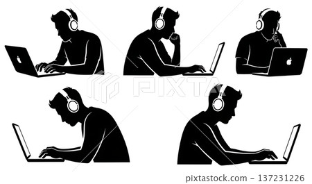 Black Solid Developer Headphones Coding Silhouettes Set of Six on White Background Black Solid Developer Headphones Coding Silhouettes Set of Six on White Background 137231226