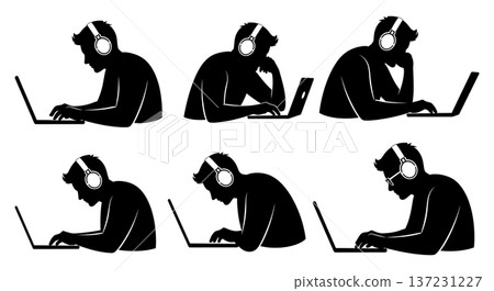 Black Solid Developer Headphones Coding Silhouettes Set of Six on White Background 137231227