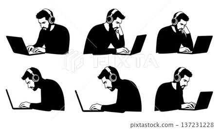 Black Solid Developer Headphones Coding Silhouettes Set of Six on White Background Black Solid Developer Headphones Coding Silhouettes Set of Six on White Background 137231228
