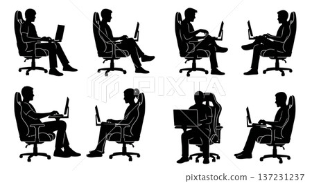 Black Solid Developer Gaming Chair Silhouettes Set of Six on White Background 137231237