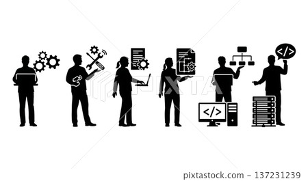 Black Solid Developer Gear Icon Silhouettes Set of Six on White Background 137231239