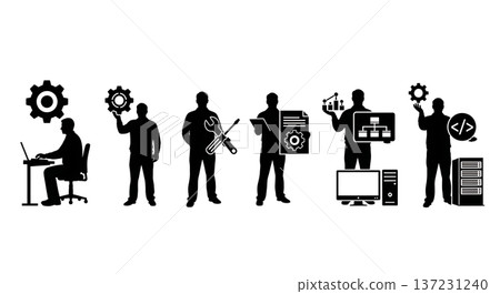 Black Solid Developer Gear Icon Silhouettes Set of Six on White Background 137231240