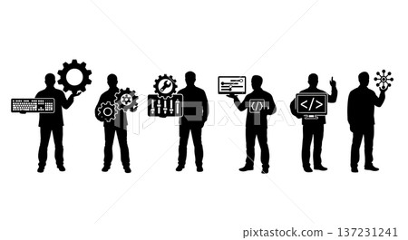 Black Solid Developer Gear Icon Silhouettes Set of Six on White Background 137231241