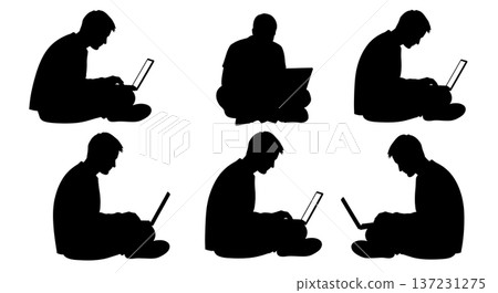 Black Solid Developer Floor Coding Silhouettes Set of Six on White Background 137231275