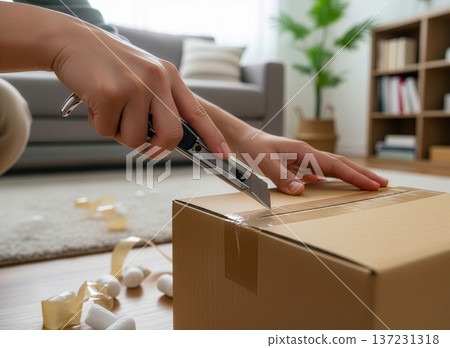 Opening a cardboard box delivered via online shopping with a cutter. Cardboard, opening, cutter, parcel, courier service. 137231318