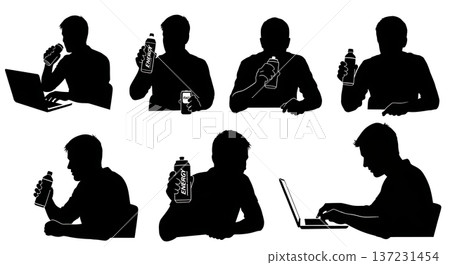 Black Solid Developer Energy Drink Silhouettes Set of Six on White Background 137231454