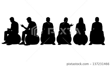 Black Solid Developer Exercise Ball Silhouettes Set of Six on White Background Black Solid Developer Exercise Ball Silhouettes Set of Six on White Background 137231466