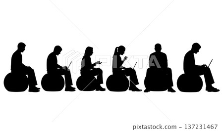 Black Solid Developer Exercise Ball Silhouettes Set of Six on White Background 137231467