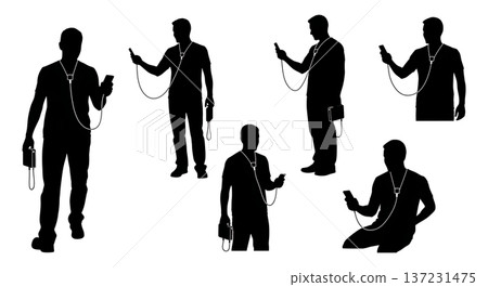 Black Solid Developer Earbud Hold Silhouettes Set of Six on White Background Black Solid Developer Earbud Hold Silhouettes Set of Six on White Background 137231475