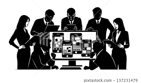 Black Solid Developer Emulator Screen Silhouettes Set of Six on White Background Black Solid Developer Emulator Screen Silhouettes Set of Six on White Background 137231479