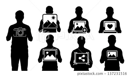 Black Solid Developer Camera Icon Silhouettes Set of Six on White Background Black Solid Developer Camera Icon Silhouettes Set of Six on White Background 137231516