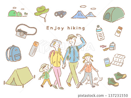 Hand-drawn illustration set of family enjoying hiking and hiking equipment 137231550