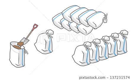 Vector illustration of how to make and stack disaster prevention sandbags 137231574