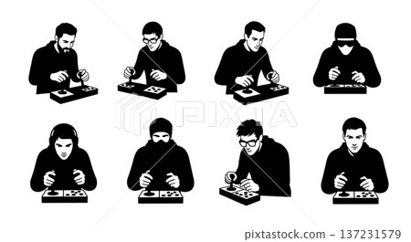 Black Solid Developer Arcade Joystick Silhouettes Set of Six on White Background Black Solid Developer Arcade Joystick Silhouettes Set of Six on White Background 137231579