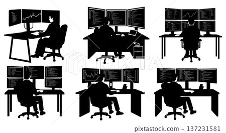 Black Solid Data Analyst Multi Monitor Silhouettes Set of Six on White Background 137231581