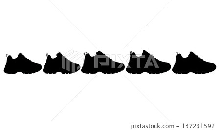 Black Solid Dad Shoe Chunky Trainer Silhouettes Set of Six on White Background Black Solid Dad Shoe Chunky Trainer Silhouettes Set of Six on White Background 137231592