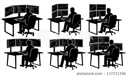 Black Solid Data Analyst Multi Monitor Silhouettes Set of Six on White Background Black Solid Data Analyst Multi Monitor Silhouettes Set of Six on White Background 137231596