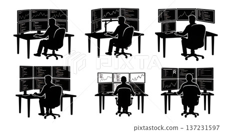 Black Solid Data Analyst Multi Monitor Silhouettes Set of Six on White Background Black Solid Data Analyst Multi Monitor Silhouettes Set of Six on White Background 137231597