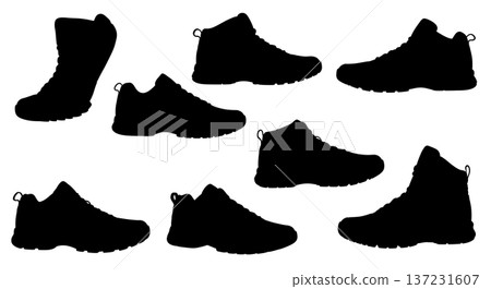 Black Solid Cross Training Gym Shoe Silhouettes Set of Six on White Background Black Solid Cross Training Gym Shoe Silhouettes Set of Six on White Background 137231607