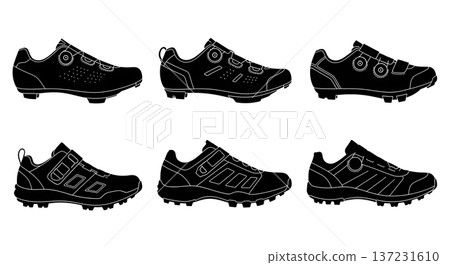 Black Solid Cycling Shoe Silhouettes Set of Six on White Background 137231610