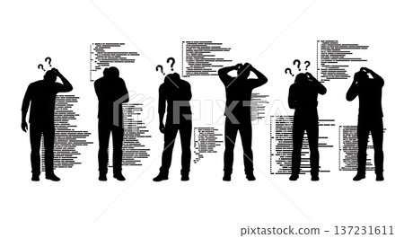 Black Solid Coder Scratch Head Confused Silhouettes Set of Six on White Background 137231611