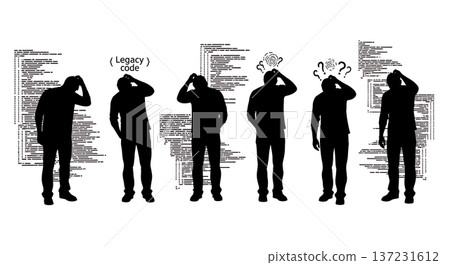 Black Solid Coder Scratch Head Confused Silhouettes Set of Six on White Background Black Solid Coder Scratch Head Confused Silhouettes Set of Six on White Background 137231612