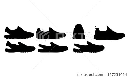 Black Solid Collapsible Heel Trainer Silhouettes Set of Six on White Background Black Solid Collapsible Heel Trainer Silhouettes Set of Six on White Background 137231614