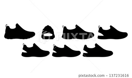 Black Solid Collapsible Heel Trainer Silhouettes Set of Six on White Background 137231616