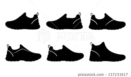 Black Solid Collapsible Heel Trainer Silhouettes Set of Six on White Background 137231617