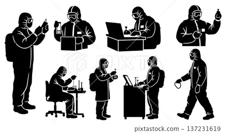 Black Solid Computer Scientist Silhouettes With Laptops Set of Six on White Background Black Solid Computer Scientist Silhouettes With Laptops Set of Six on White Background 137231619