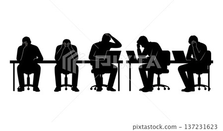 Black Solid Coder Frustration Debug Silhouettes Set of Six on White Background 137231623