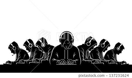 Black Solid Coder Hoodie Headphones Silhouettes Set of Six on White Background 137231624