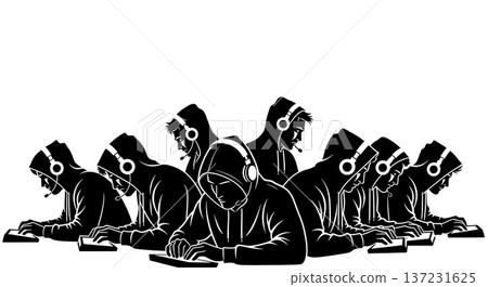 Black Solid Coder Hoodie Headphones Silhouettes Set of Six on White Background Black Solid Coder Hoodie Headphones Silhouettes Set of Six on White Background 137231625