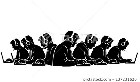 Black Solid Coder Hoodie Headphones Silhouettes Set of Six on White Background 137231626