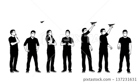 Black Solid Coder Paper Airplane Silhouettes Set of Six on White Background Black Solid Coder Paper Airplane Silhouettes Set of Six on White Background 137231631