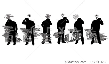 Black Solid Coder Scratch Head Confused Silhouettes Set of Six on White Background 137231632