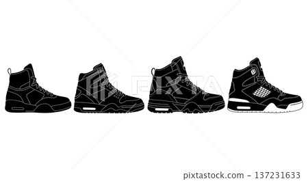 Black Solid Classic Court Trainer Silhouettes Set of Six on White Background 137231633