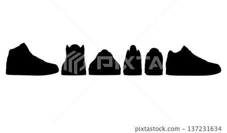 Black Solid Classic Court Trainer Silhouettes Set of Six on White Background Black Solid Classic Court Trainer Silhouettes Set of Six on White Background 137231634