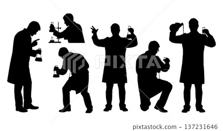 Black Solid Chemist Silhouettes Holding Beakers Set of Six on White Background 137231646