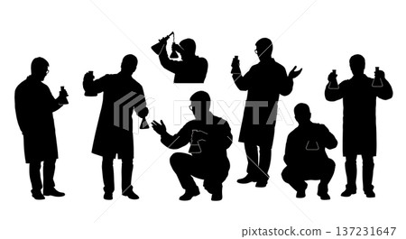 Black Solid Chemist Silhouettes Holding Beakers Set of Six on White Background 137231647